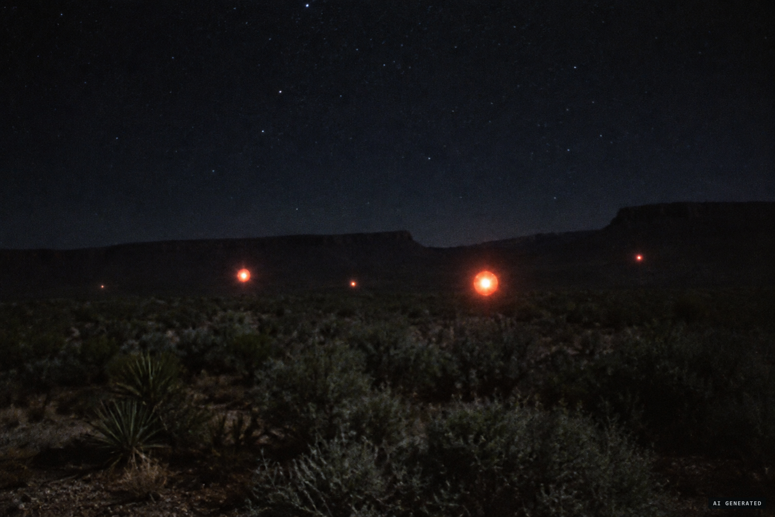 Glowing yellow-orange orbs hang above the brush, below the mesas