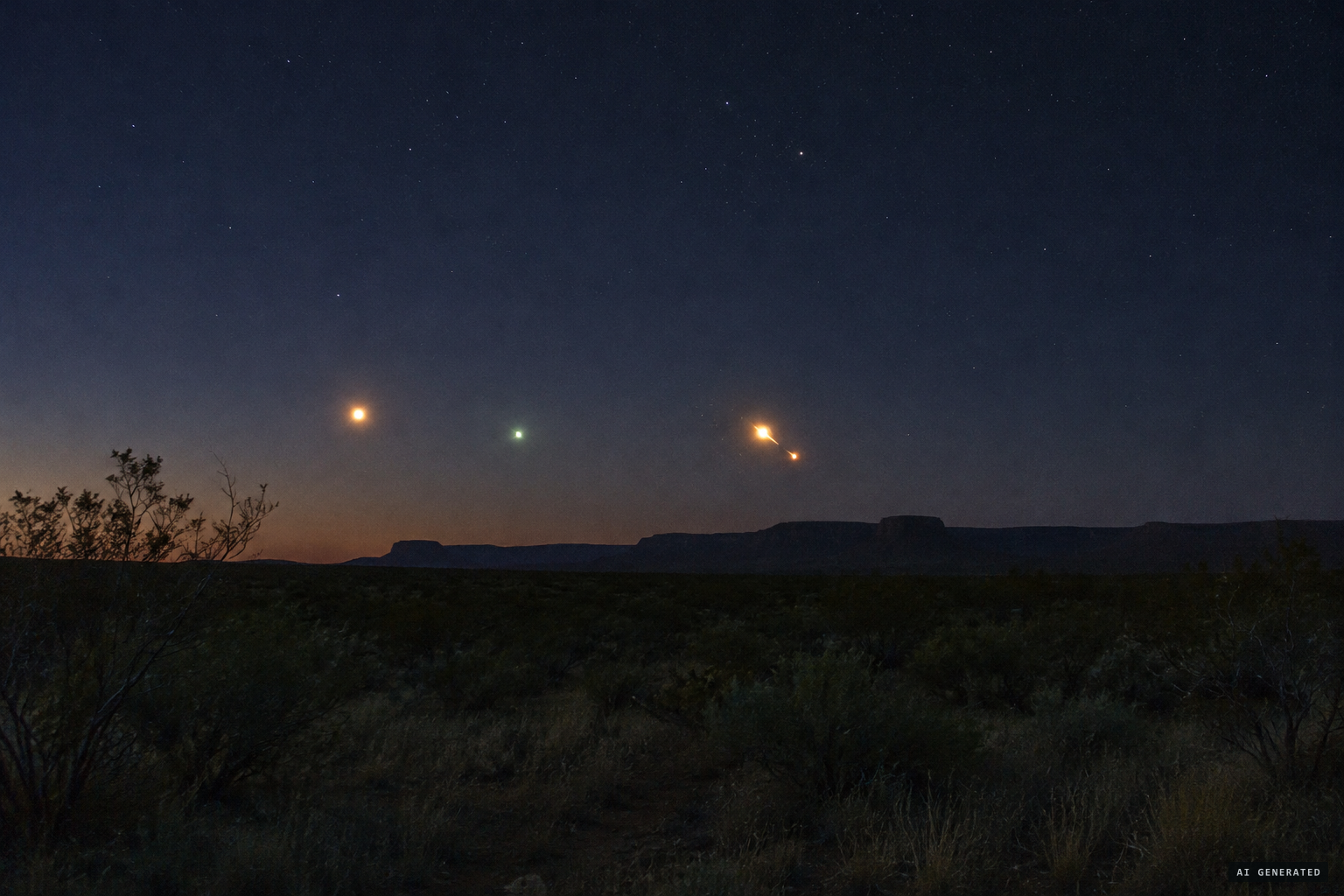Glowing orbs hanging low over Mitchell Flat, below the mesas
