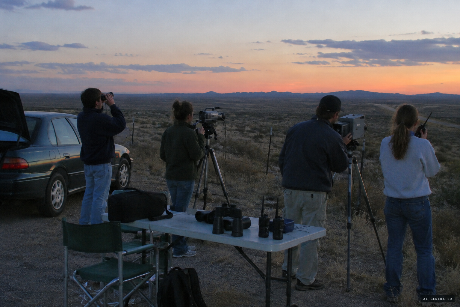 Cameras, binoculars, radios and chase cars ready for the experiments