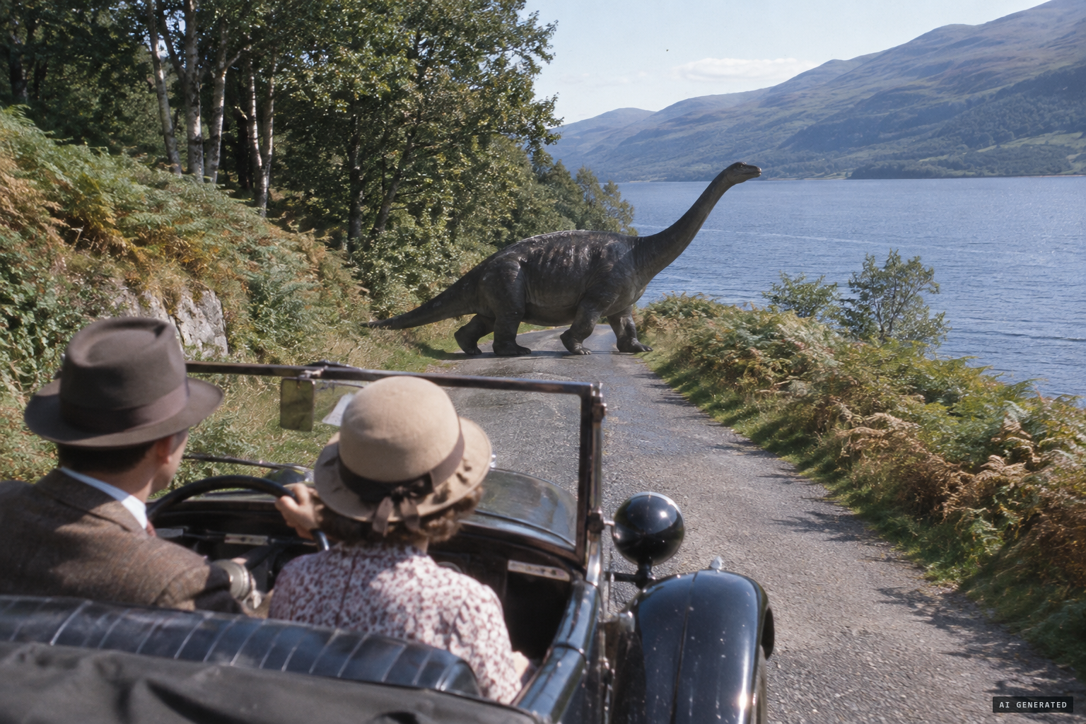 The Spicers see an animal cross the Dores to Foyers road, July 1933