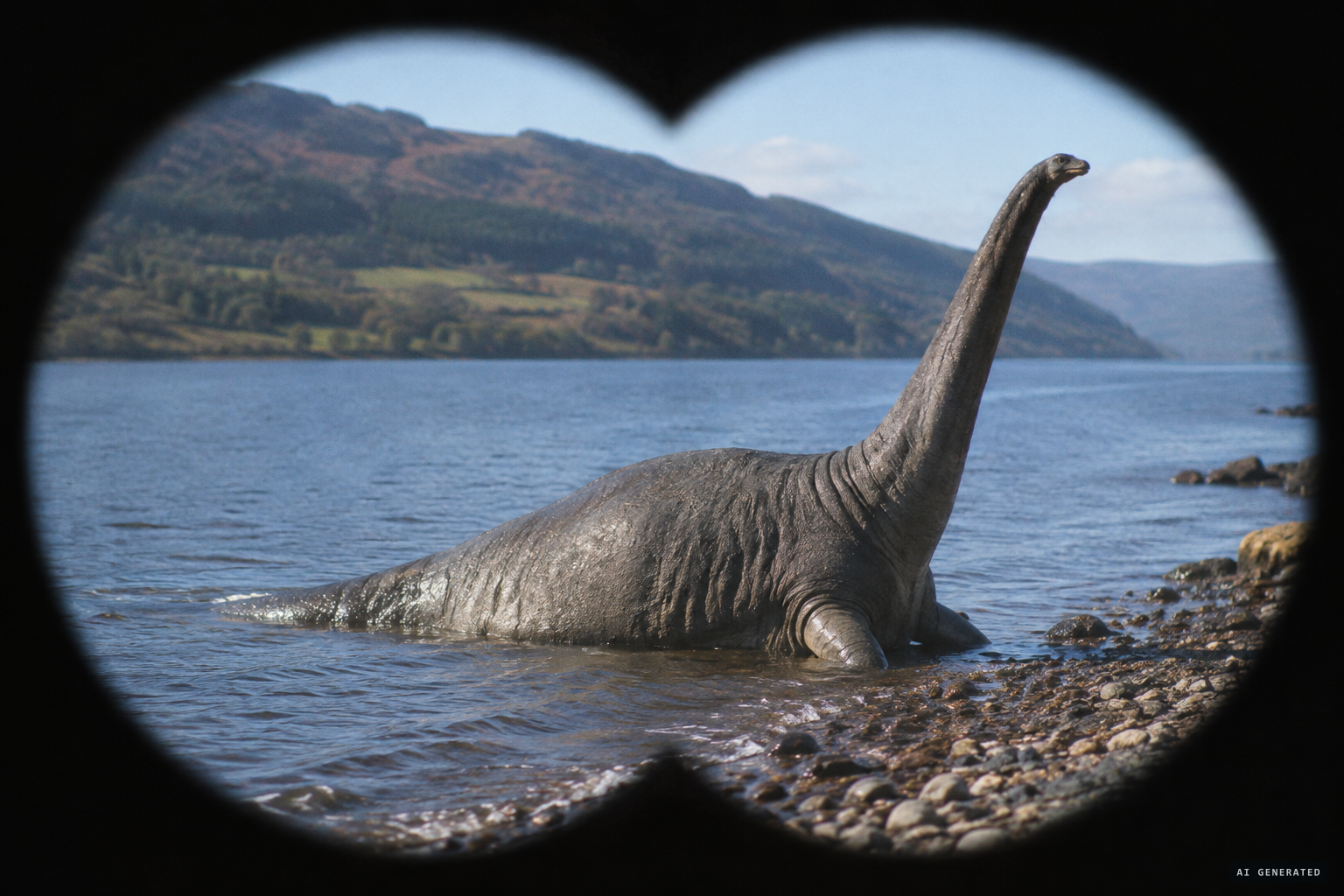 Through binoculars: giraffe-like neck, small head, elephant-like skin, short fore-flippers
