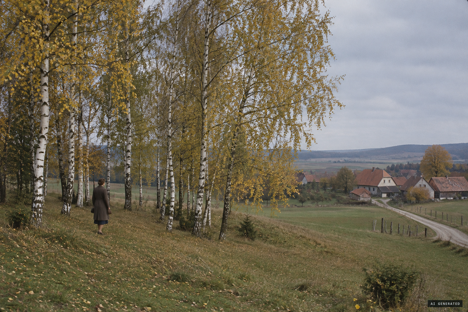 The birch grove at the edge of the Schloss Thurn park, autumn 1949
