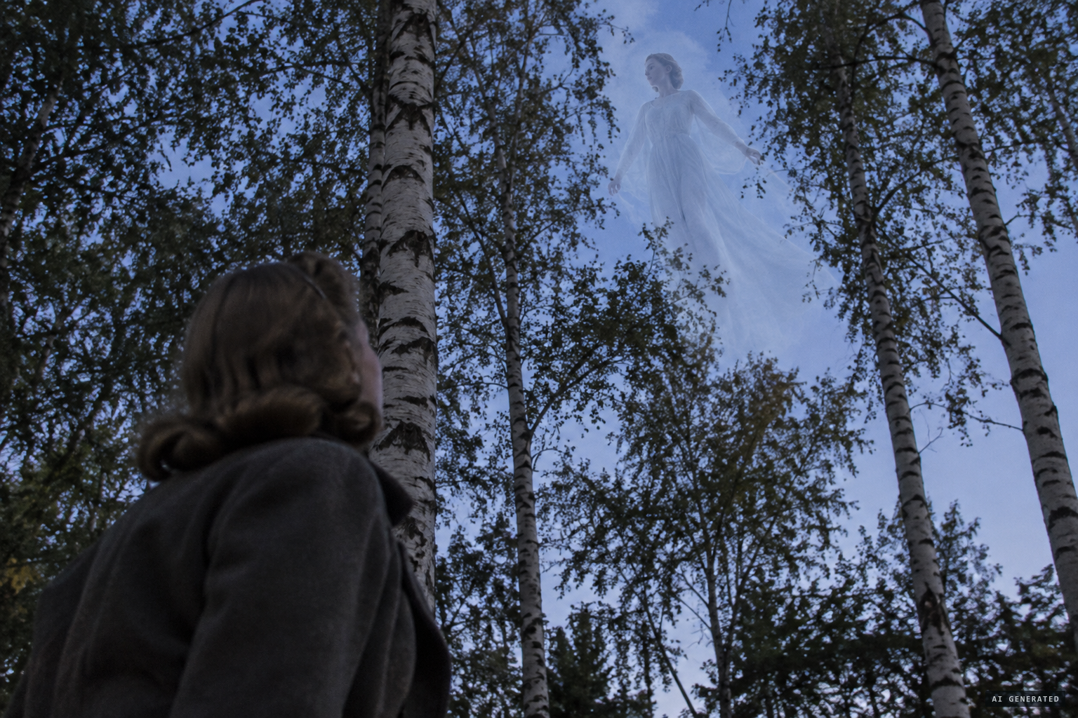A white-clad, transparent figure floats between the birch treetops