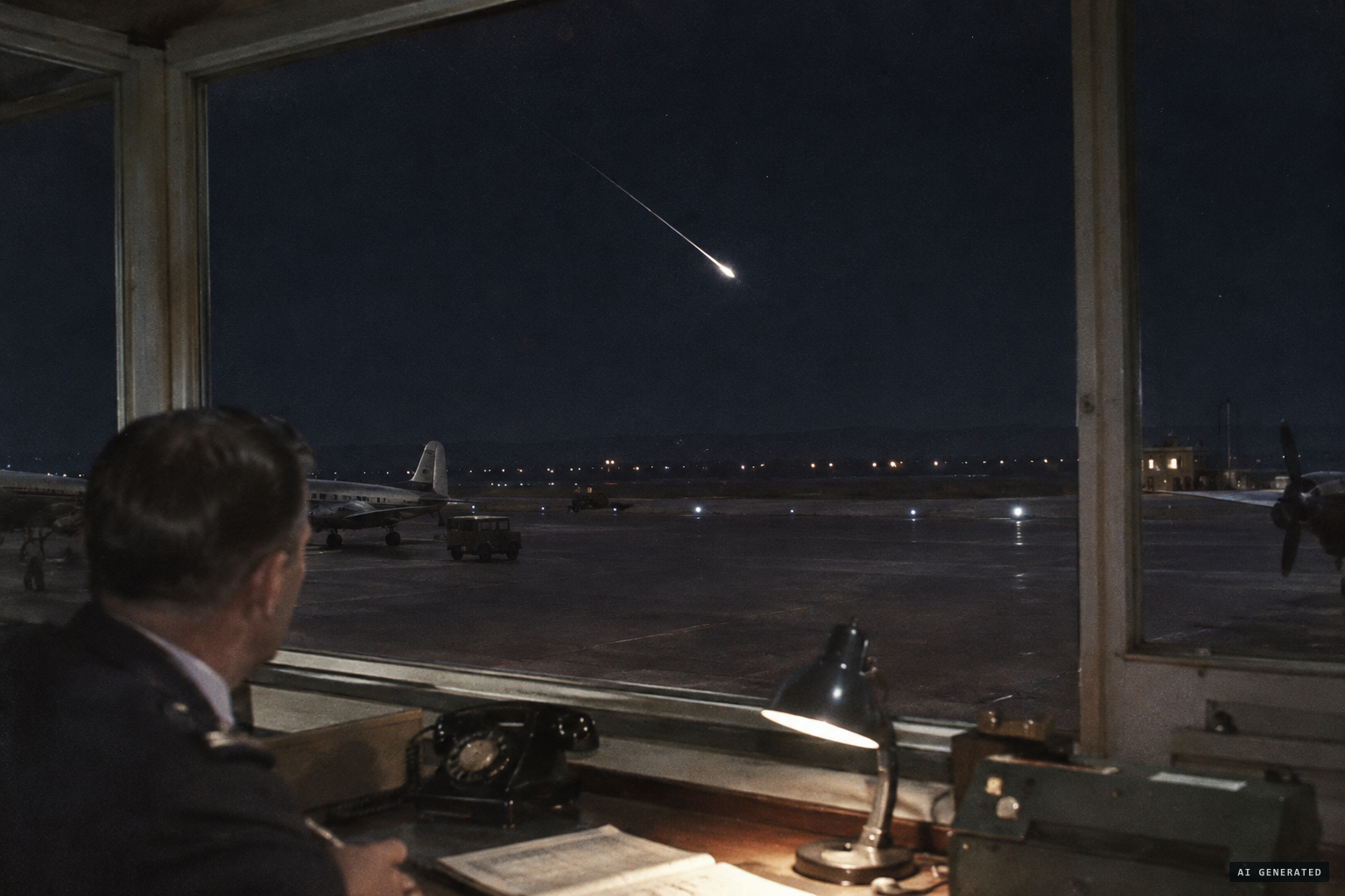 At 02:03, something like a shooting star comes down toward the airfield