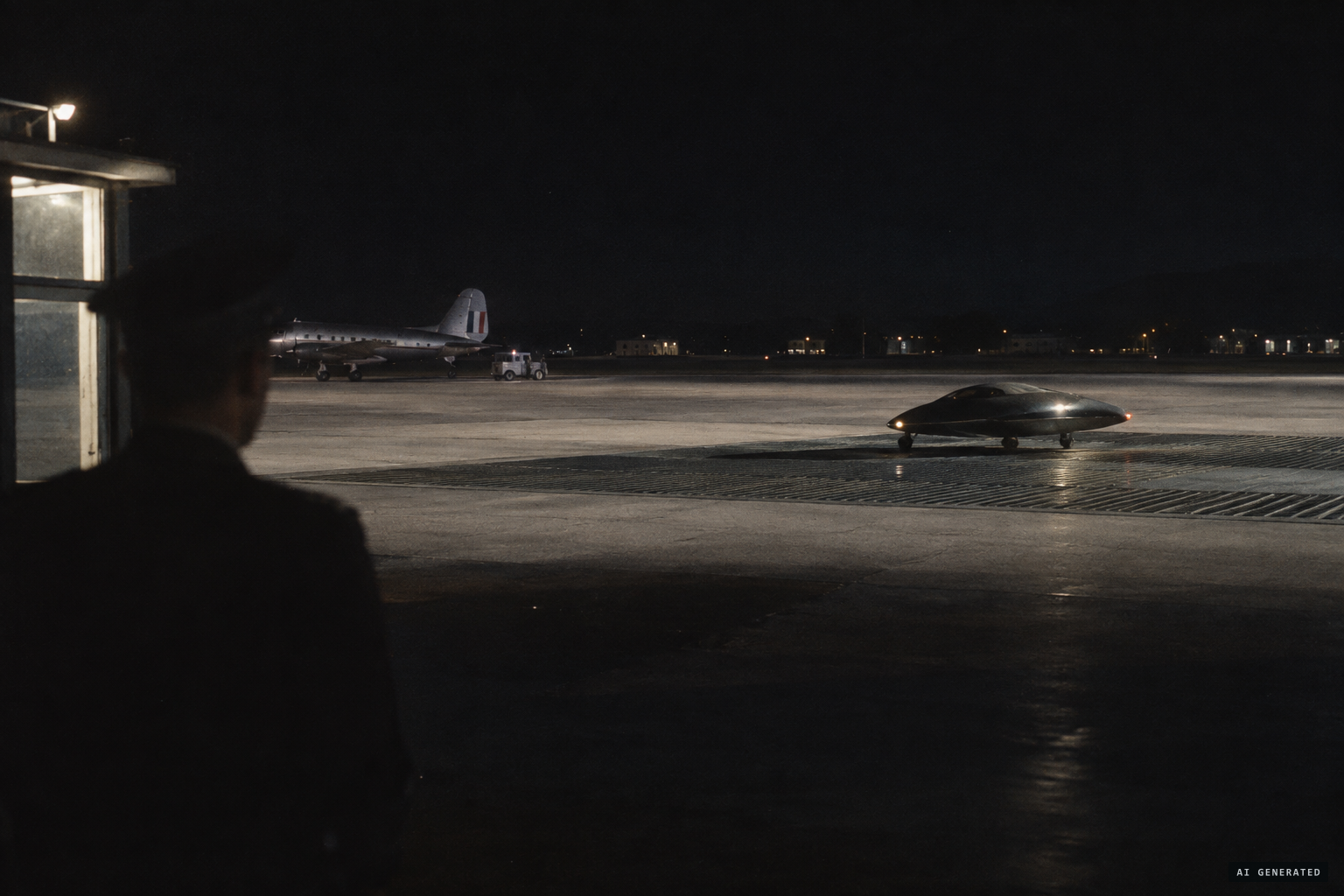 The craft settles on the grilles beside the runway, about 100 m away