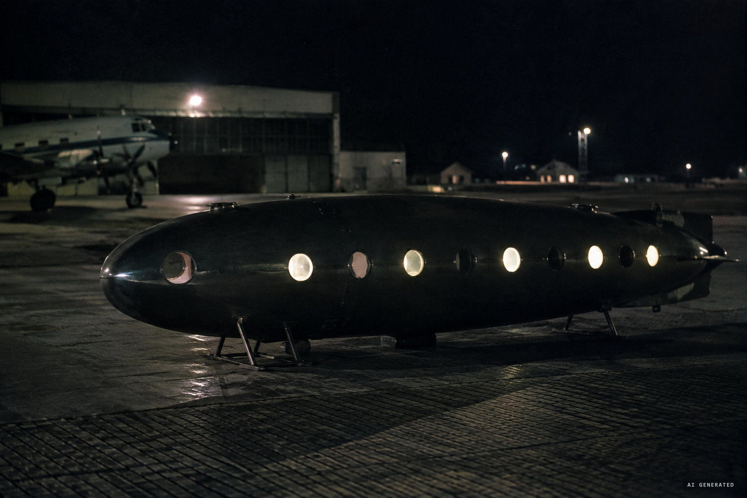 A dark cigar with pale portholes turning on and off