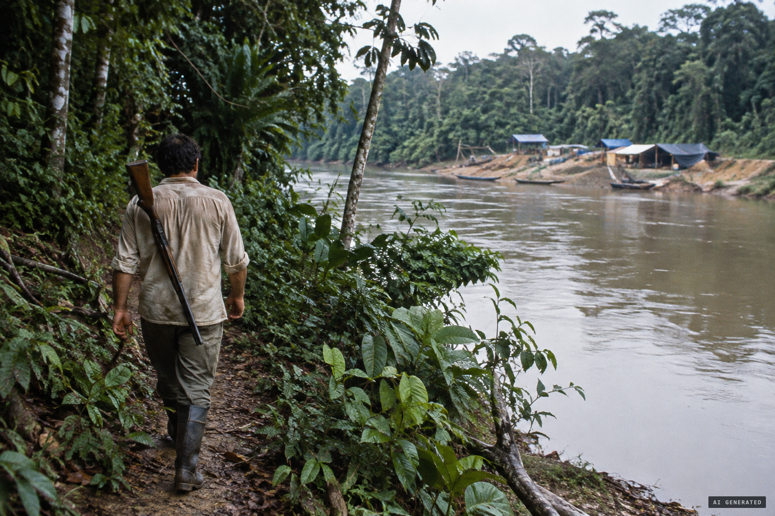 Hunter Mário Pereira de Souza alone near a mining camp on the Jamanxim River