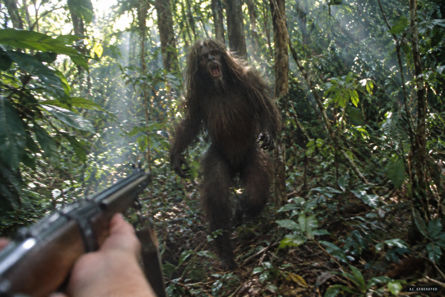The long-haired creature screams and staggers toward him on two legs