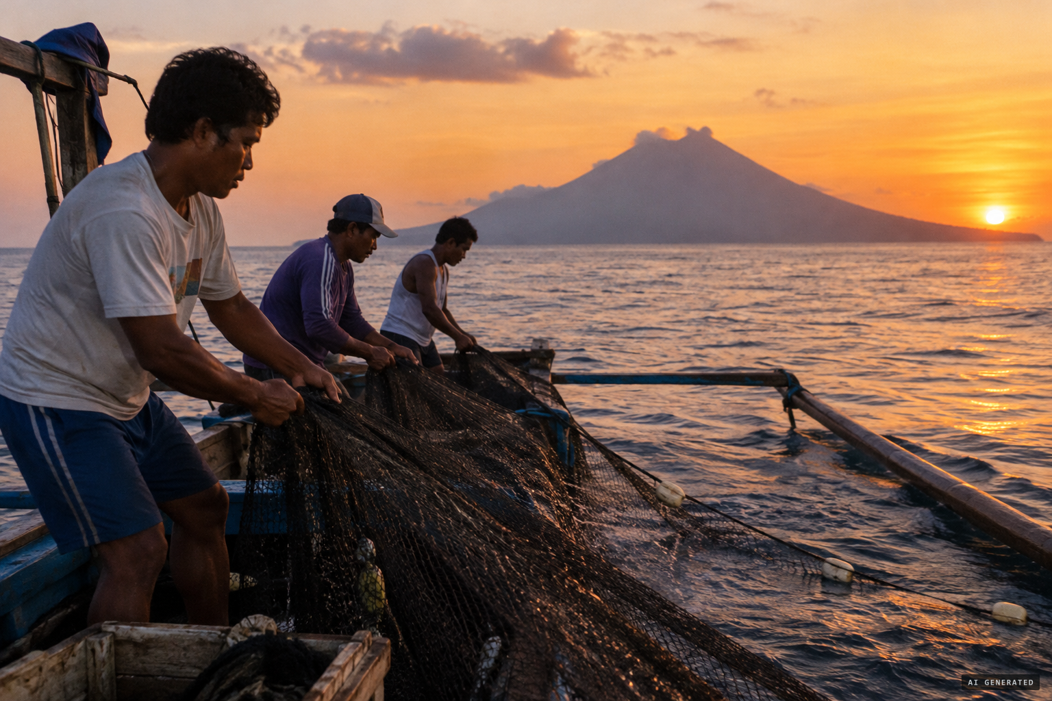 At sunrise, Om Lameh Sonatham's crew hauls in their shark net
