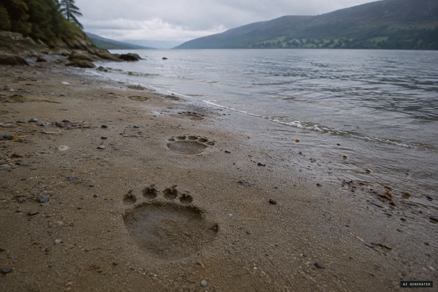 Fresh prints of a large, four-toed animal, leading into the water