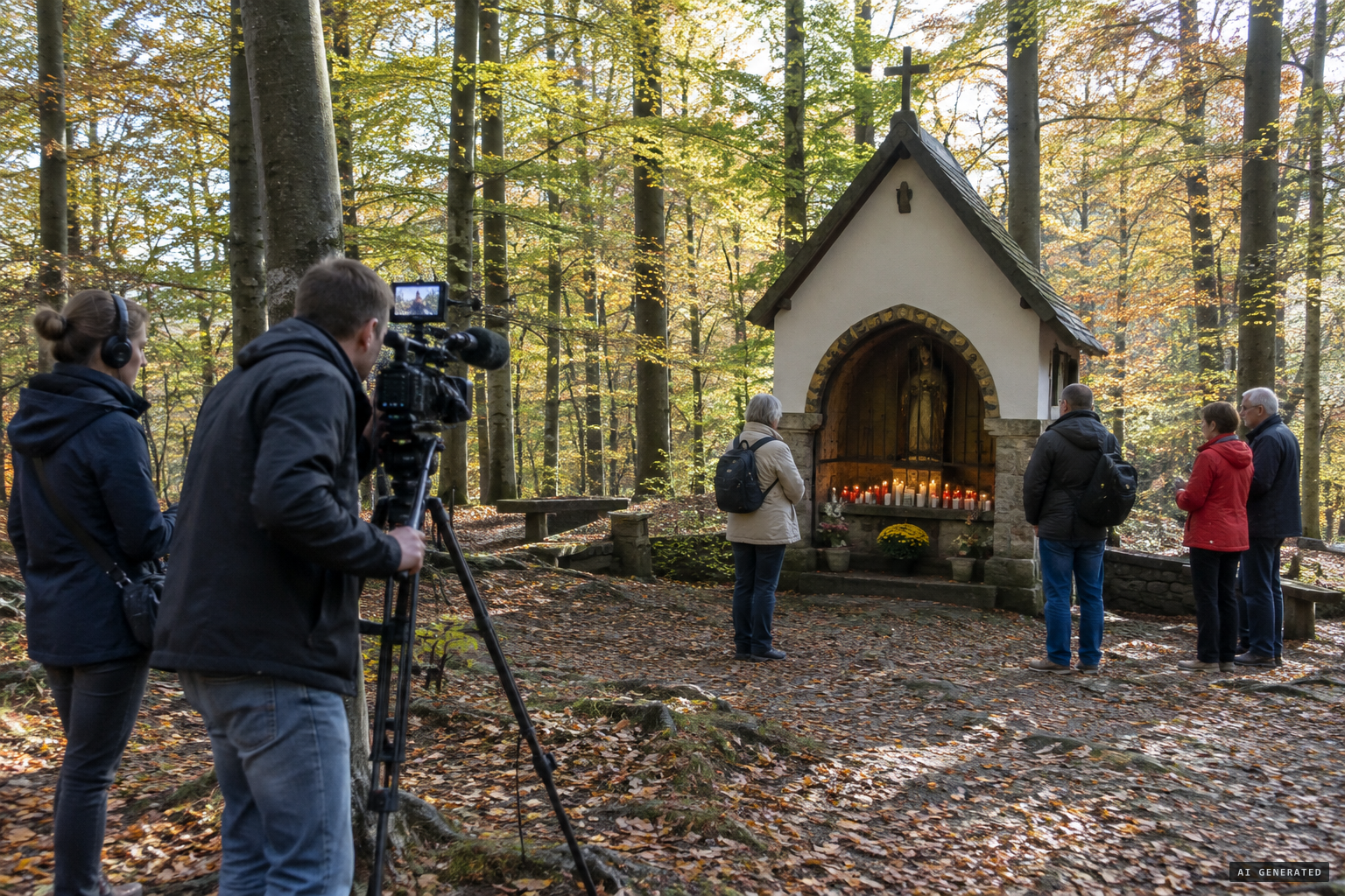 SR returns to the Härtelwald for Als Maria ins Dorf kam; the prayer site remains.