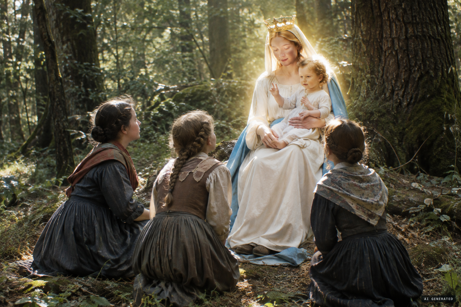 The lady in white with blue sash and golden crown, sitting on the ground in the wood