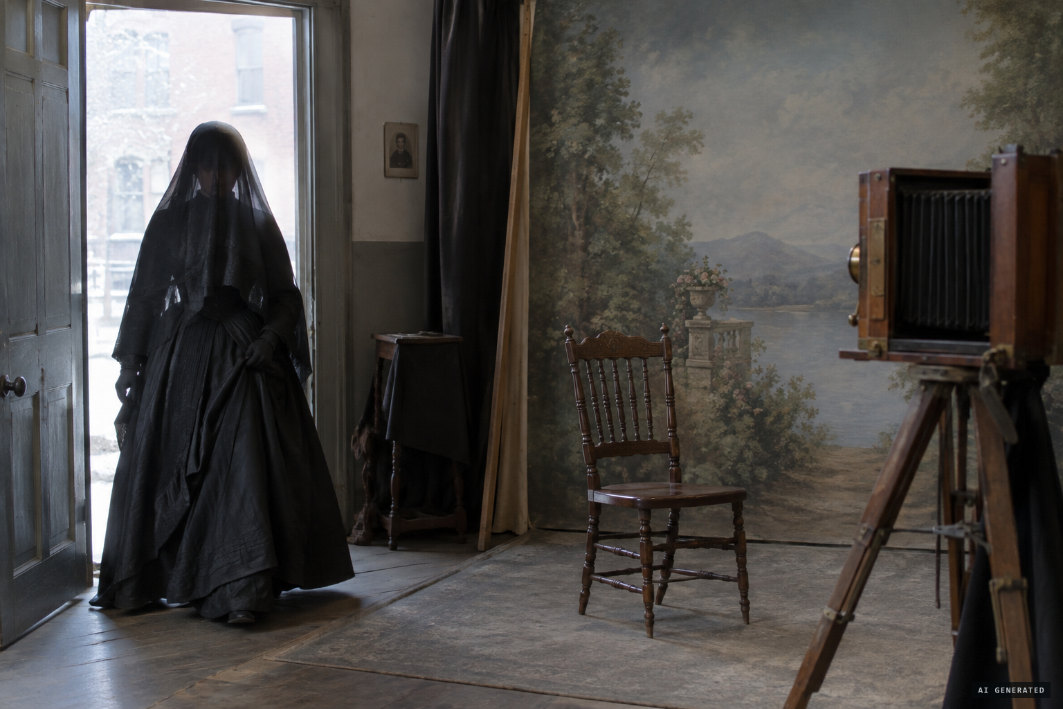 A veiled widow calling herself "Mrs. Lindall" enters the studio