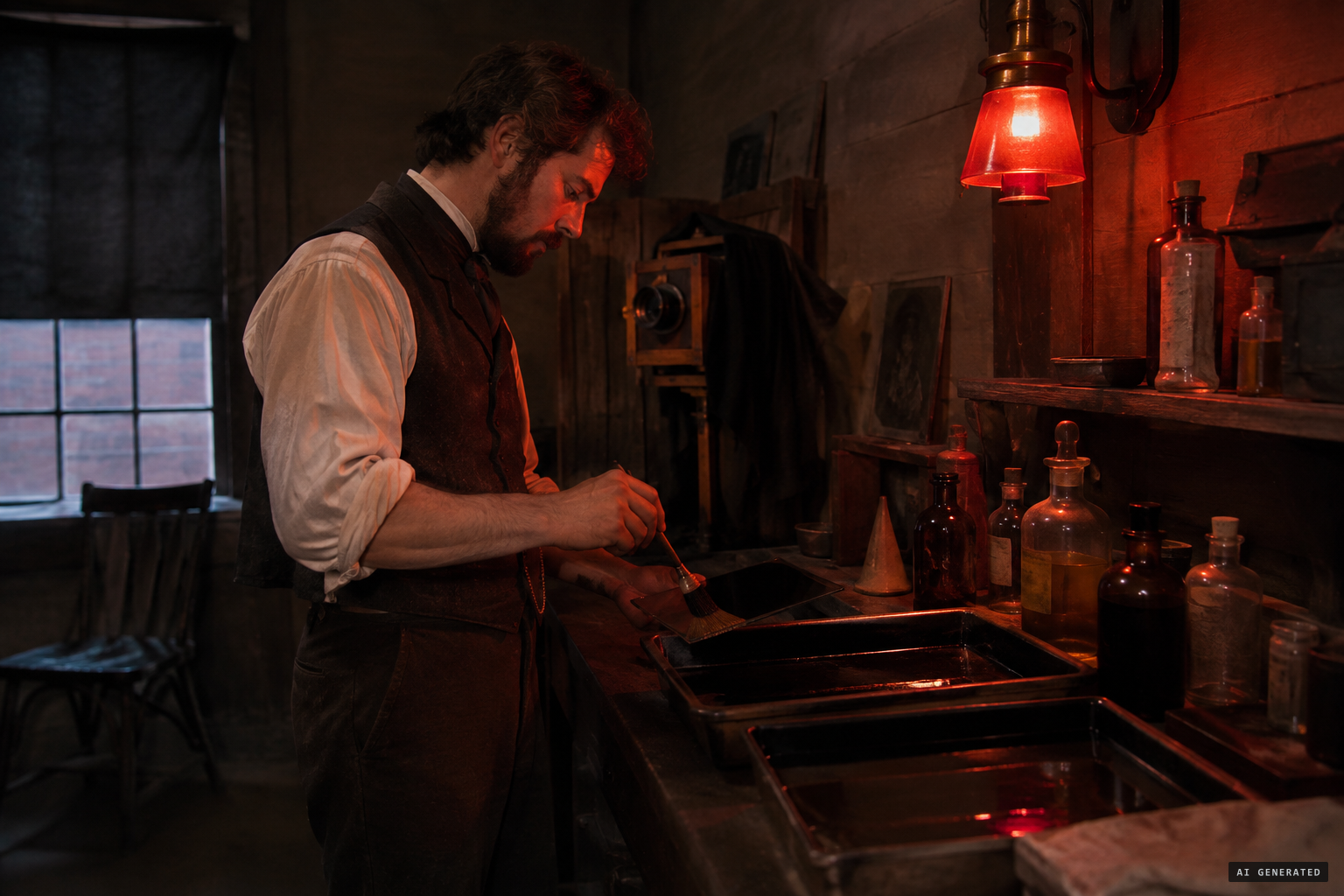 Mumler coats a plate in his darkroom