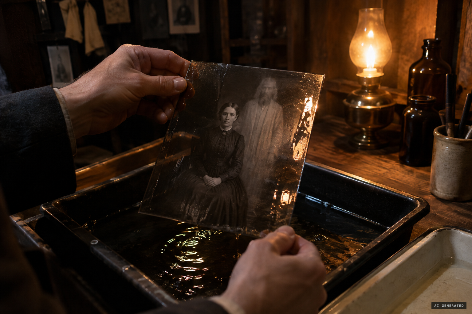 The negative comes up in the darkroom
