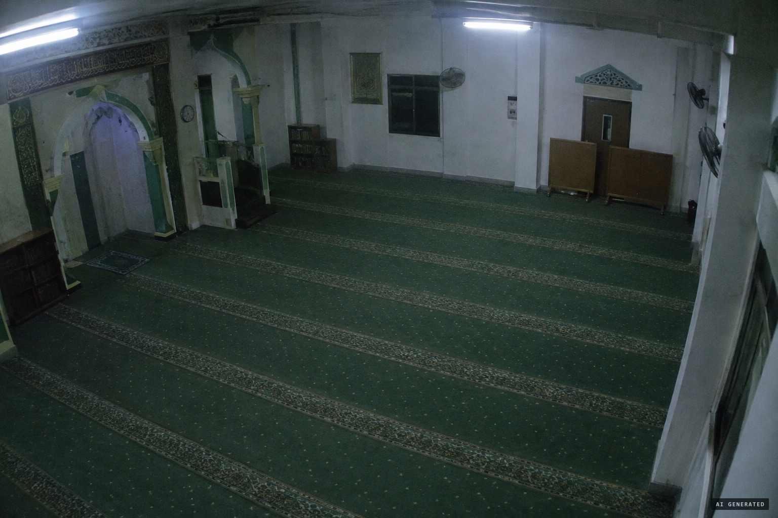 The empty prayer hall under CCTV in the small hours