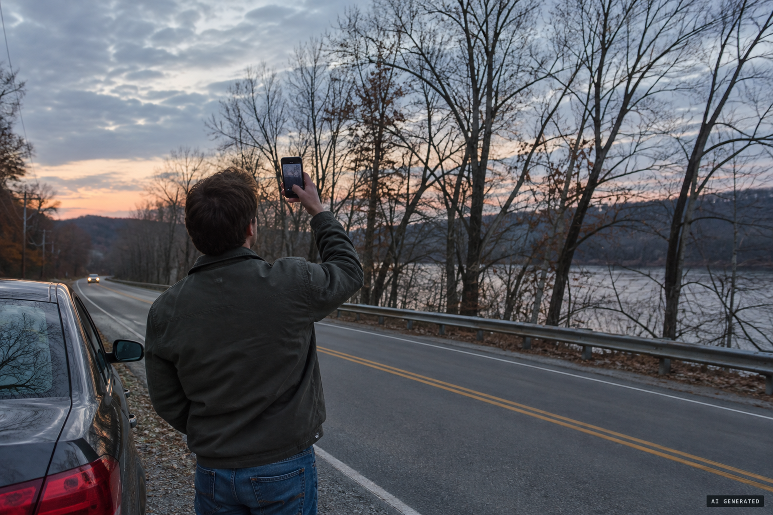 He pulls off the road and takes several pictures