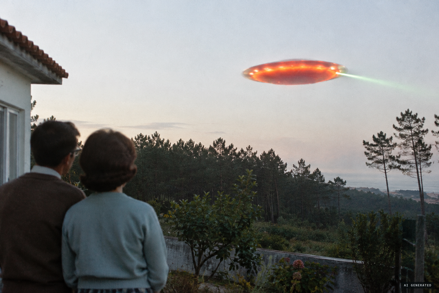 The orange, nearly red 'plate turned over' circles the forest, shooting green rays