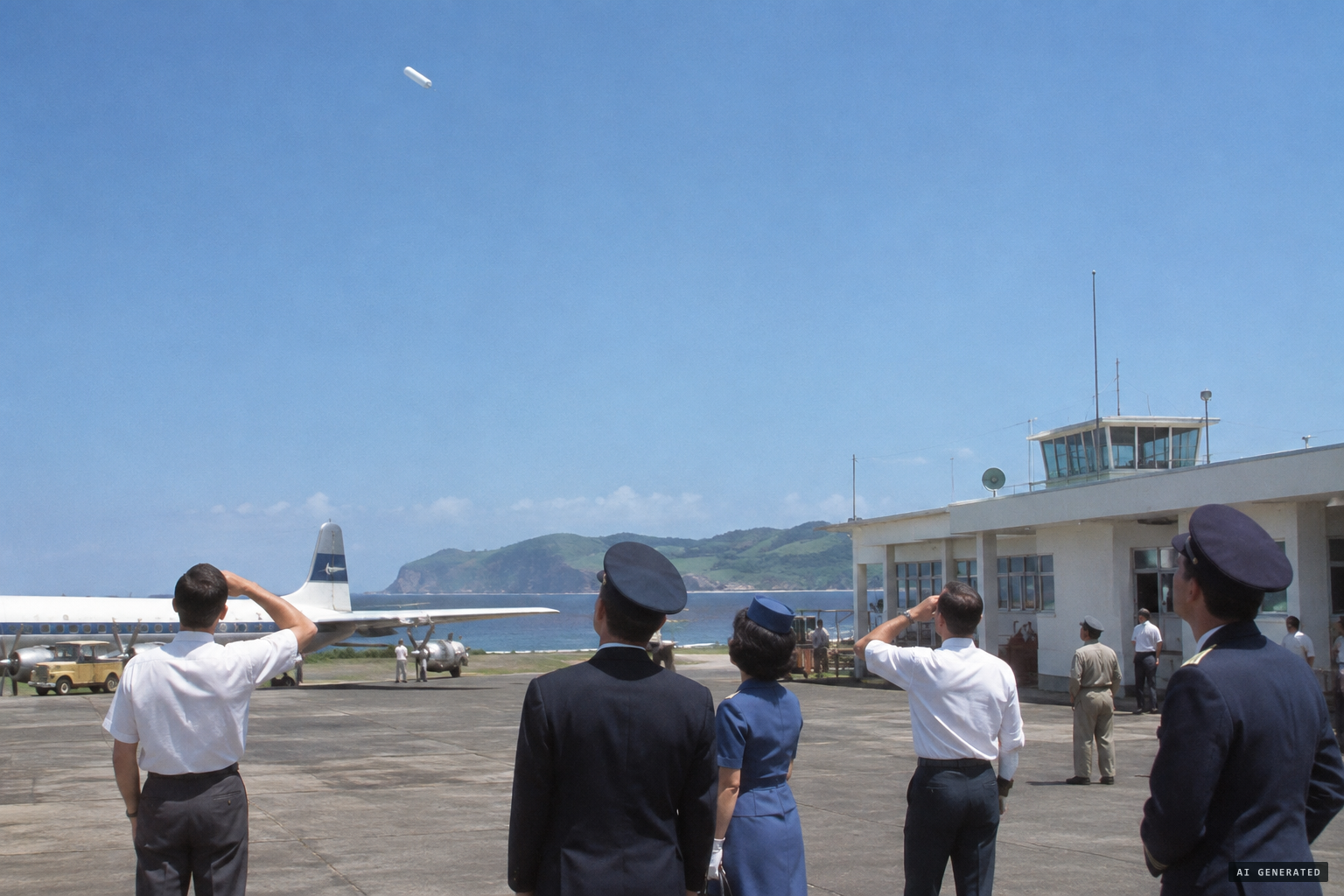Airport staff watch a white cylinder crossing a clear sky