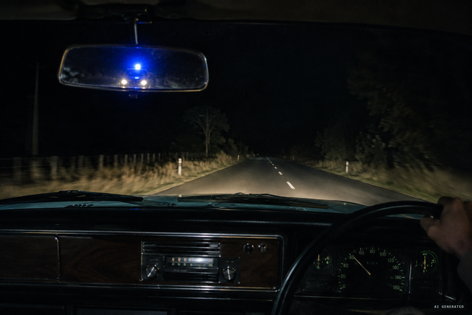 A blue light appears behind her Holden station wagon