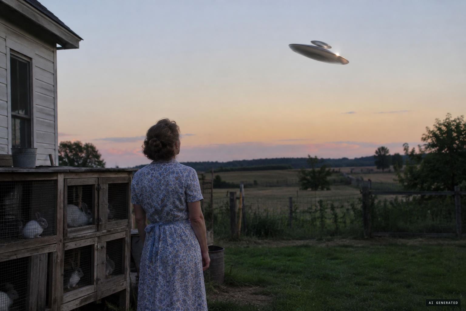 Evelyn Trent, feeding the rabbits, sees a tilted silver-bronze disc coming over the fields