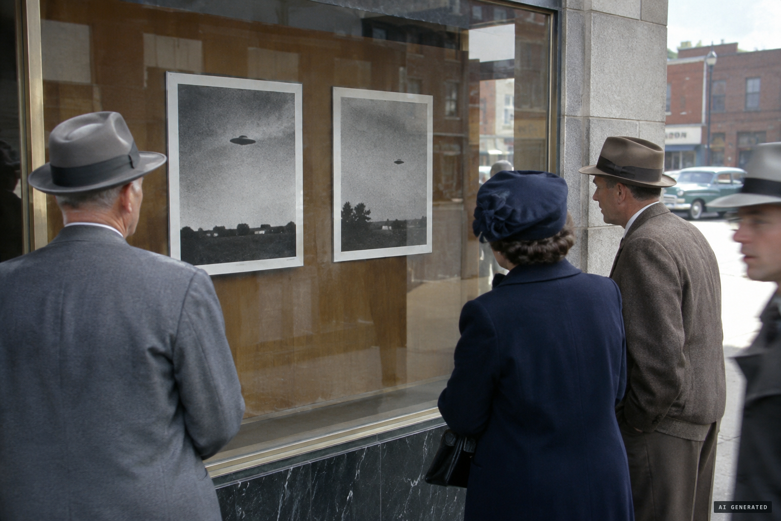 The Trent prints on display in a local banker's window