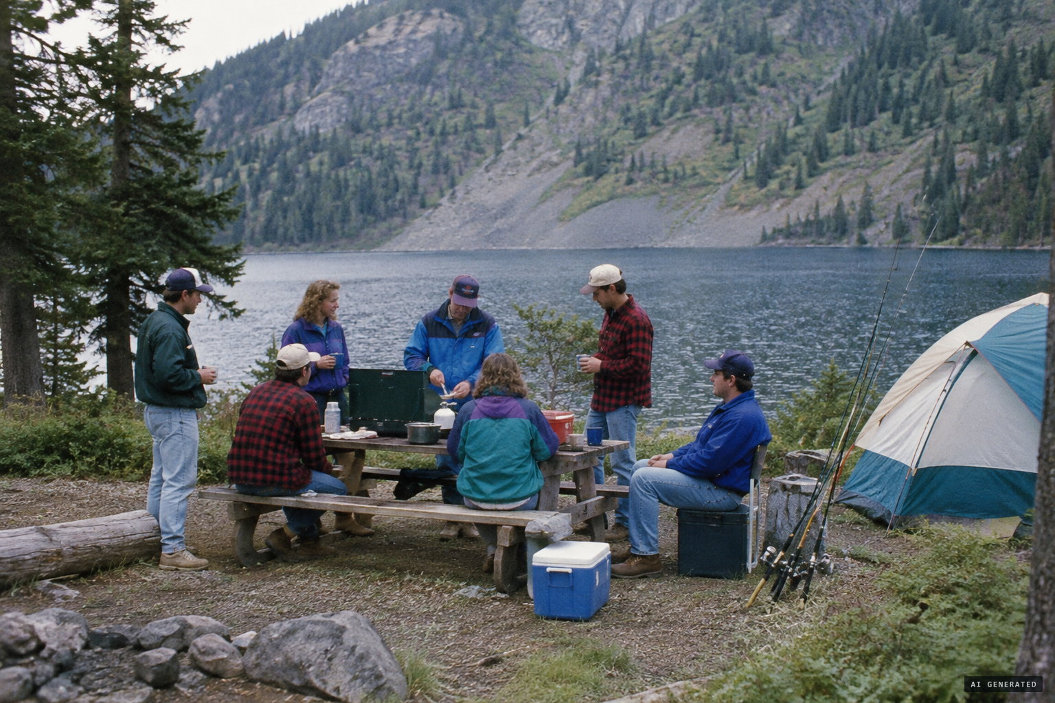 The Pates and Larry Spiry among seven people camping and fishing at the lake