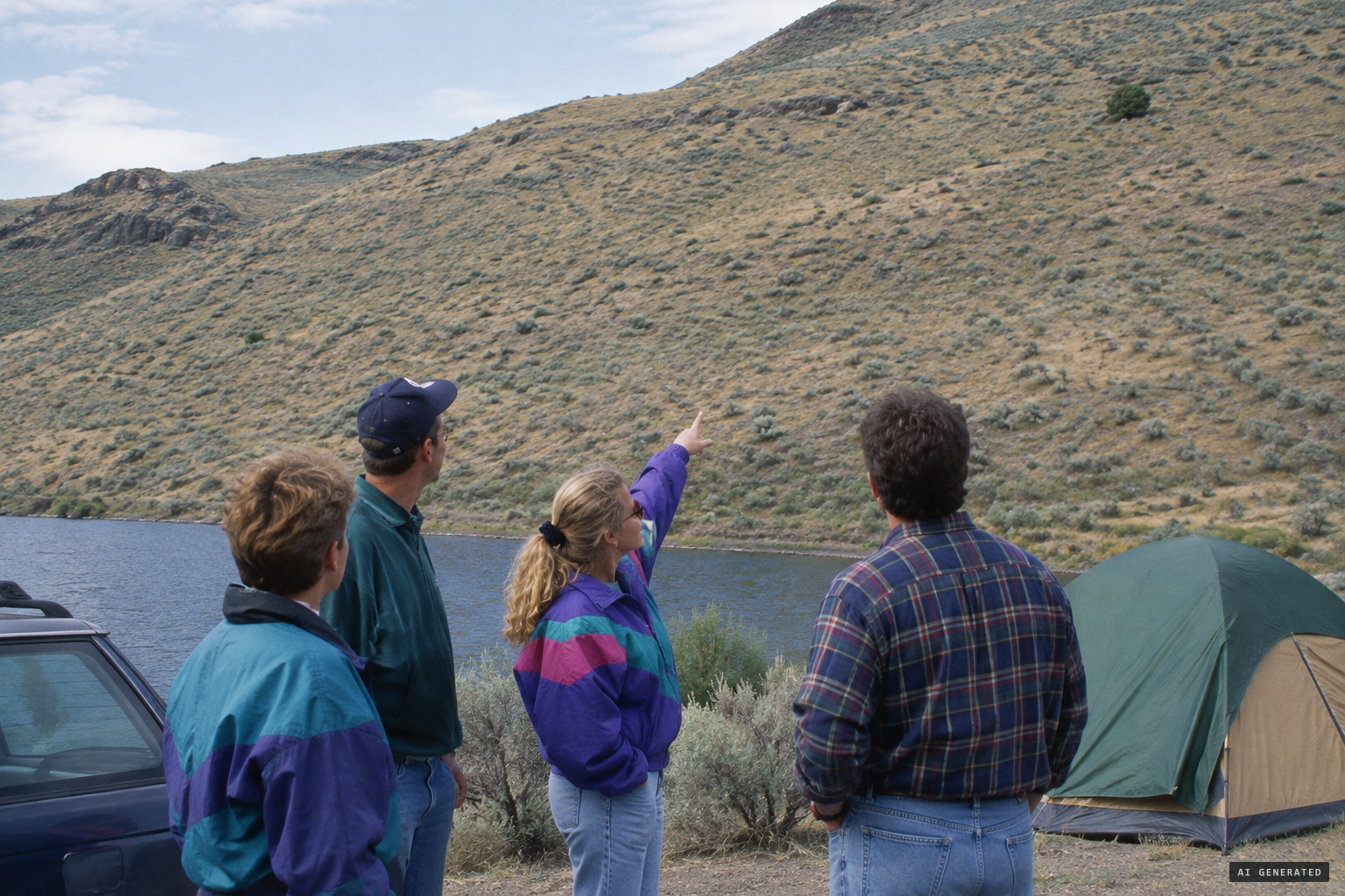 A woman points to the spot on the hillside where 'the thing' had been