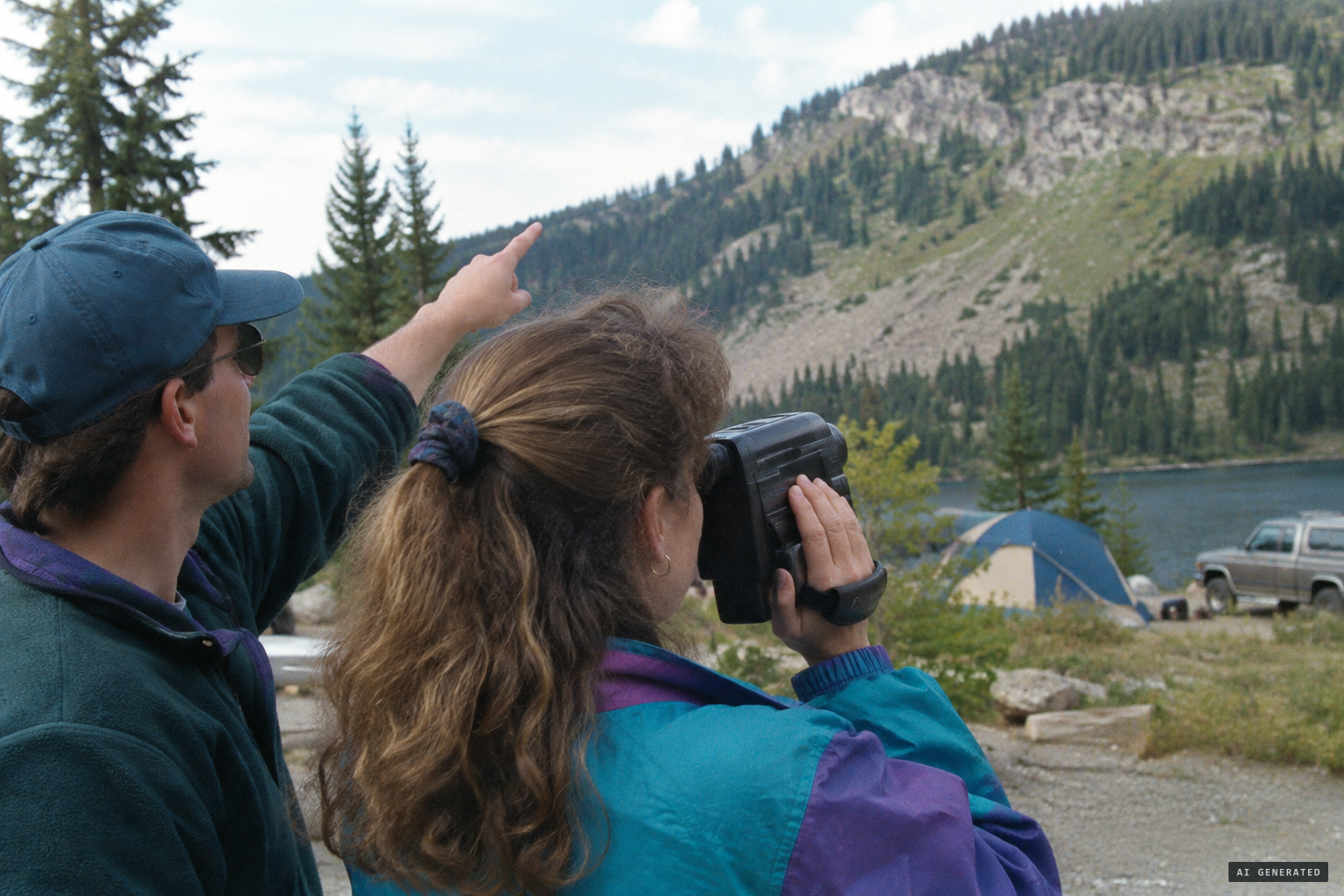 Lori turns on the camcorder and scans the hillside