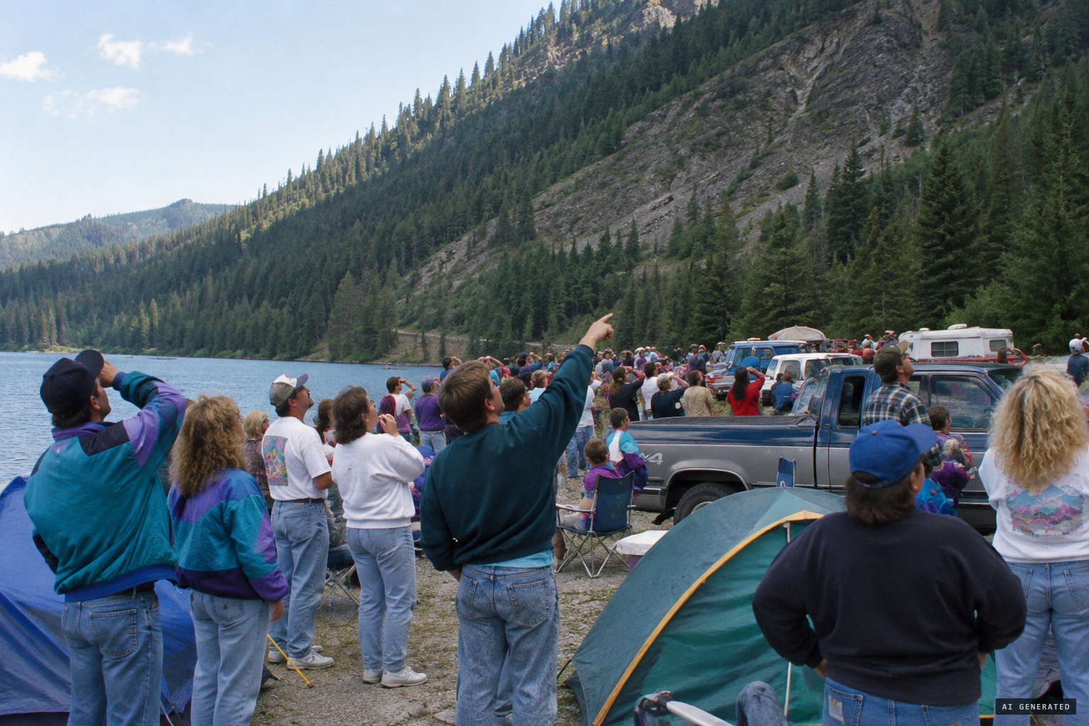 About 30 of the 70 to 100 people at the site watch the crossing