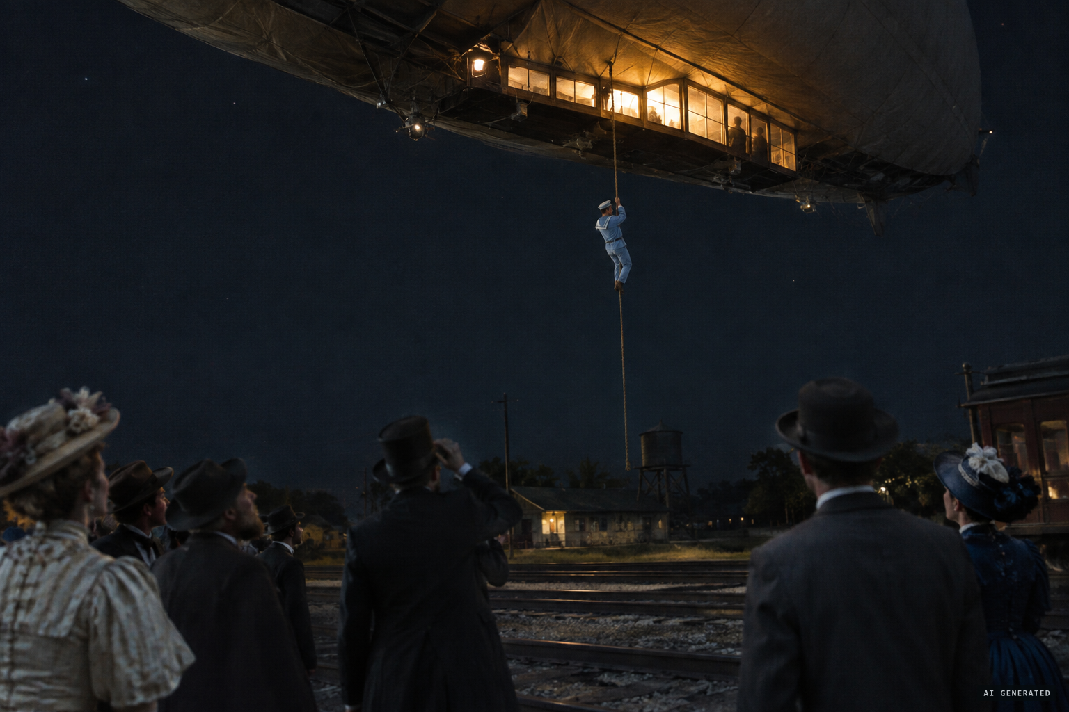 A small man in a light blue sailor suit descends the rope