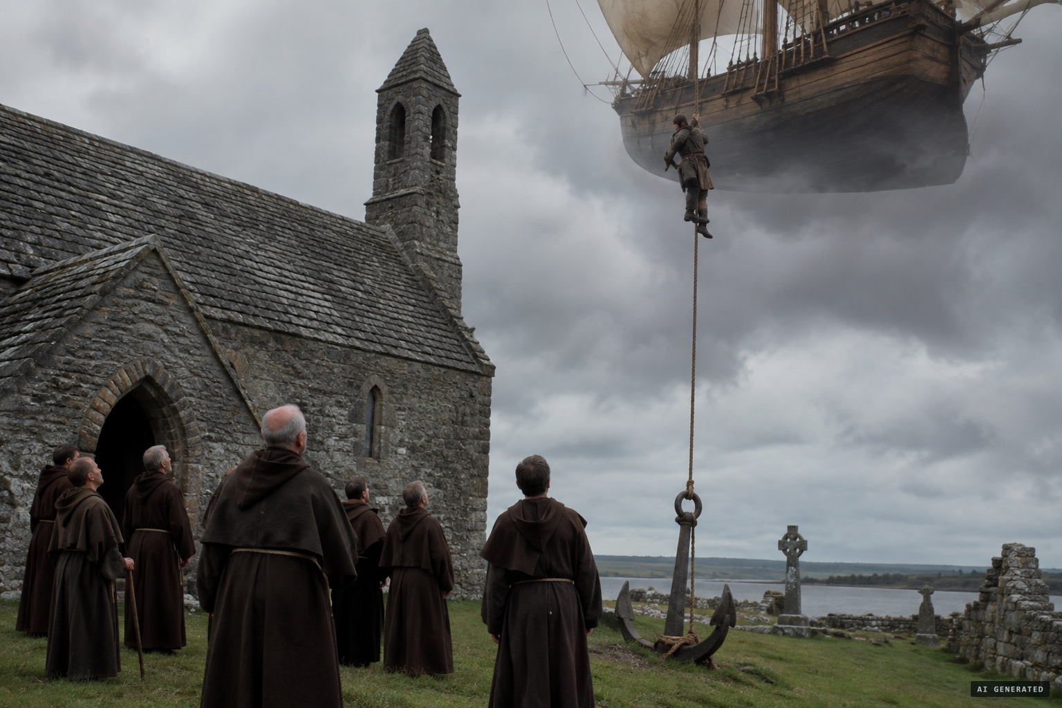 The Airship of Clonmacnoise: an anchor catches in a church