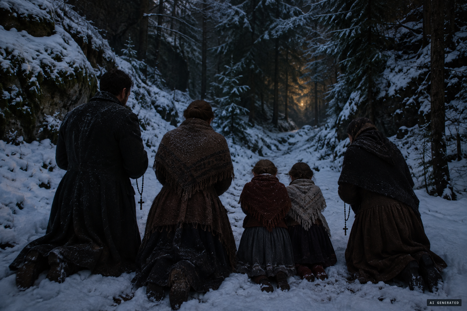 Three adults and two girls pray the Rosary in the gorge as a light appears