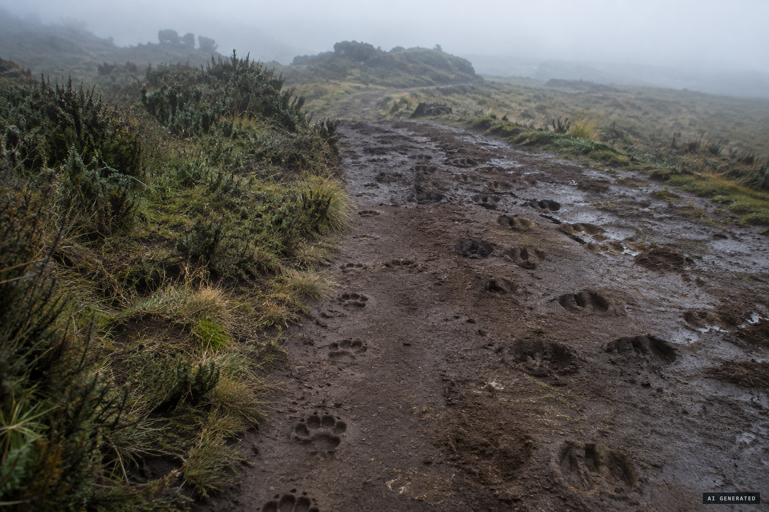 Three sets of tracks following a buffalo herd