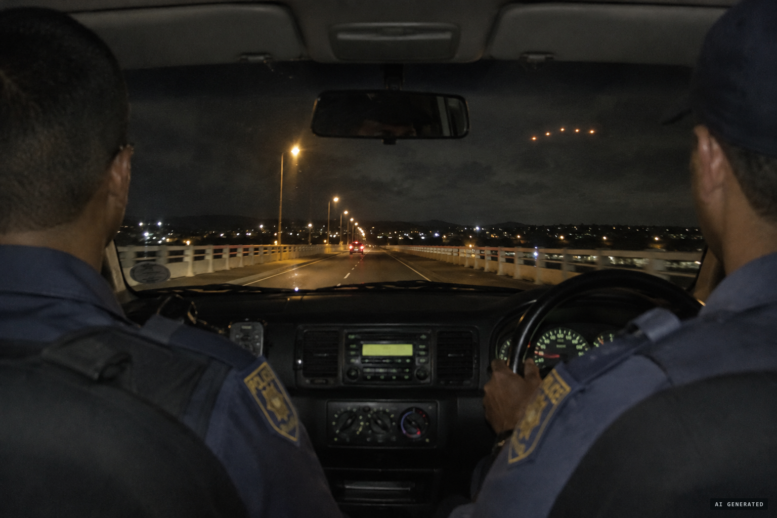 Two police inspectors on the Aerorand bridge see five orange lights in formation