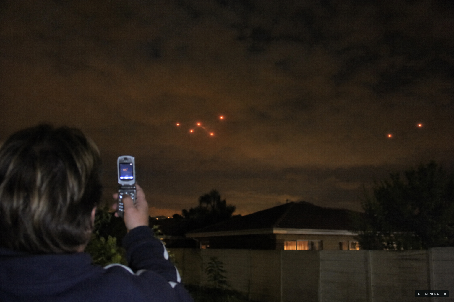 Five orange-red objects, joined by two more, filmed under a cloudy sky