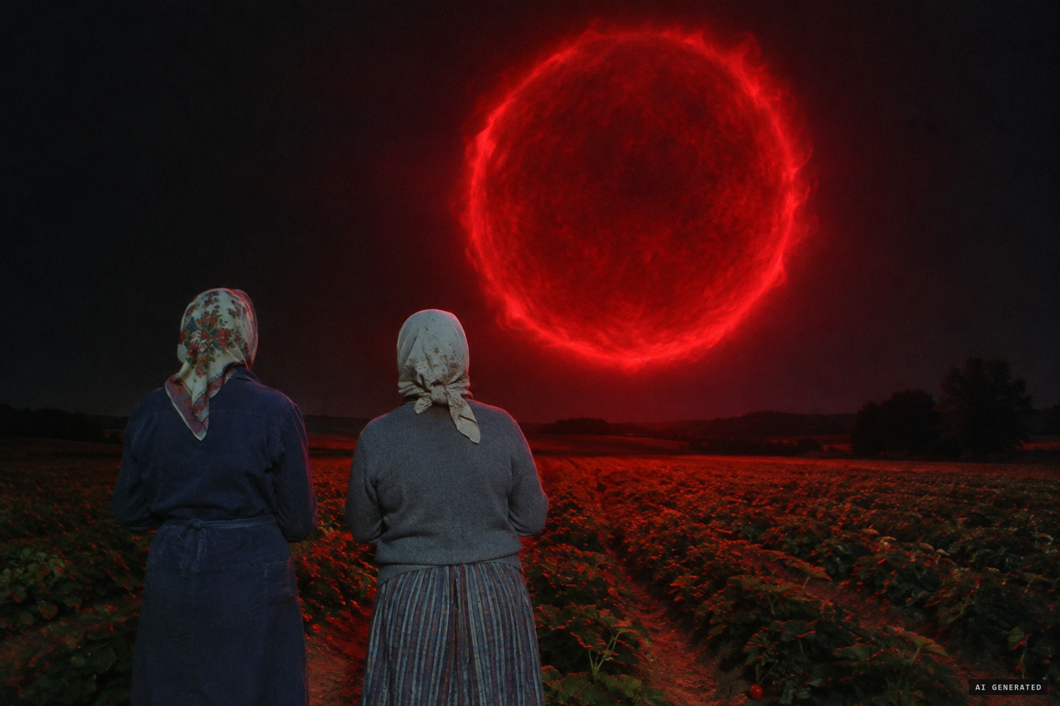 Two field workers see a huge deep-red sphere that seems to ripple