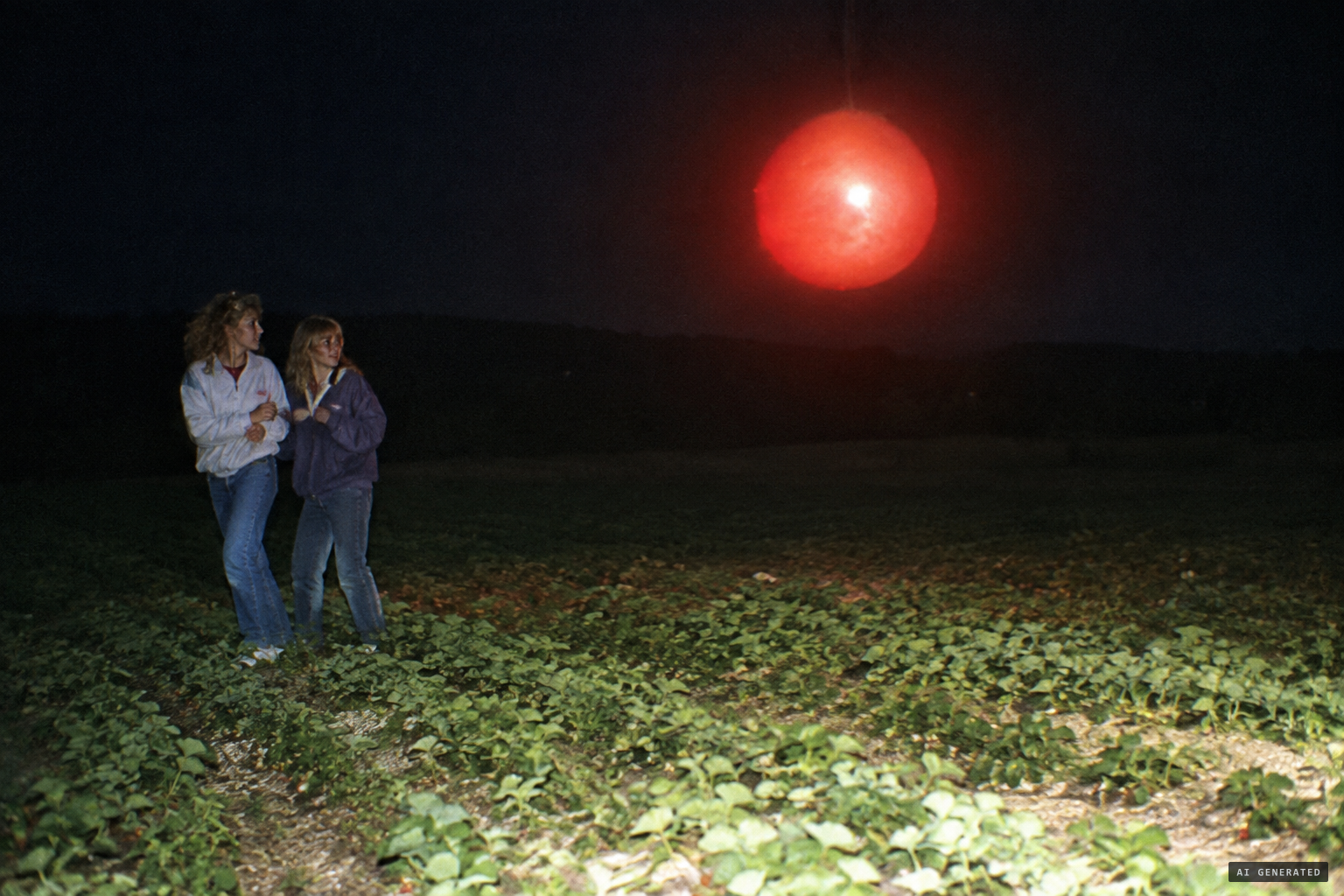 The sphere follows the women, swaying like a pendulum and lighting the strawberry field