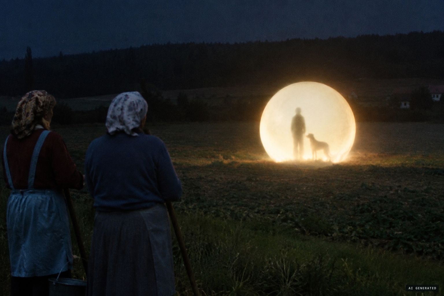 Farm workers see a landed sphere with a three-metre figure and a 'dog'