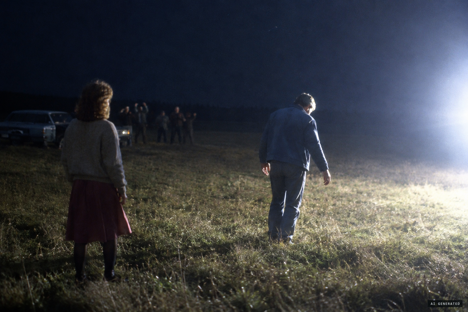 A man walks toward the light as if hypnotised; a woman cannot move