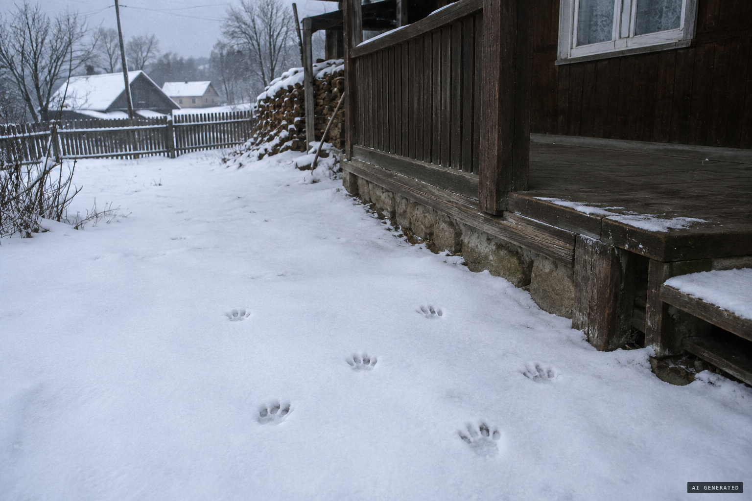 Six prints in fresh snow by the cottage veranda, with no tracks to or from them