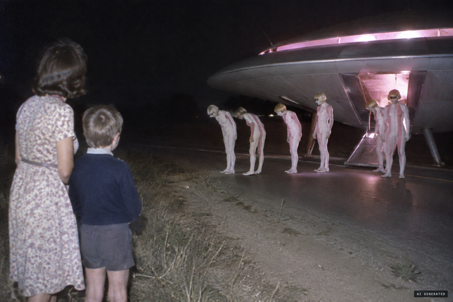 Five or six slender crew members come out and examine the tarmac and sand