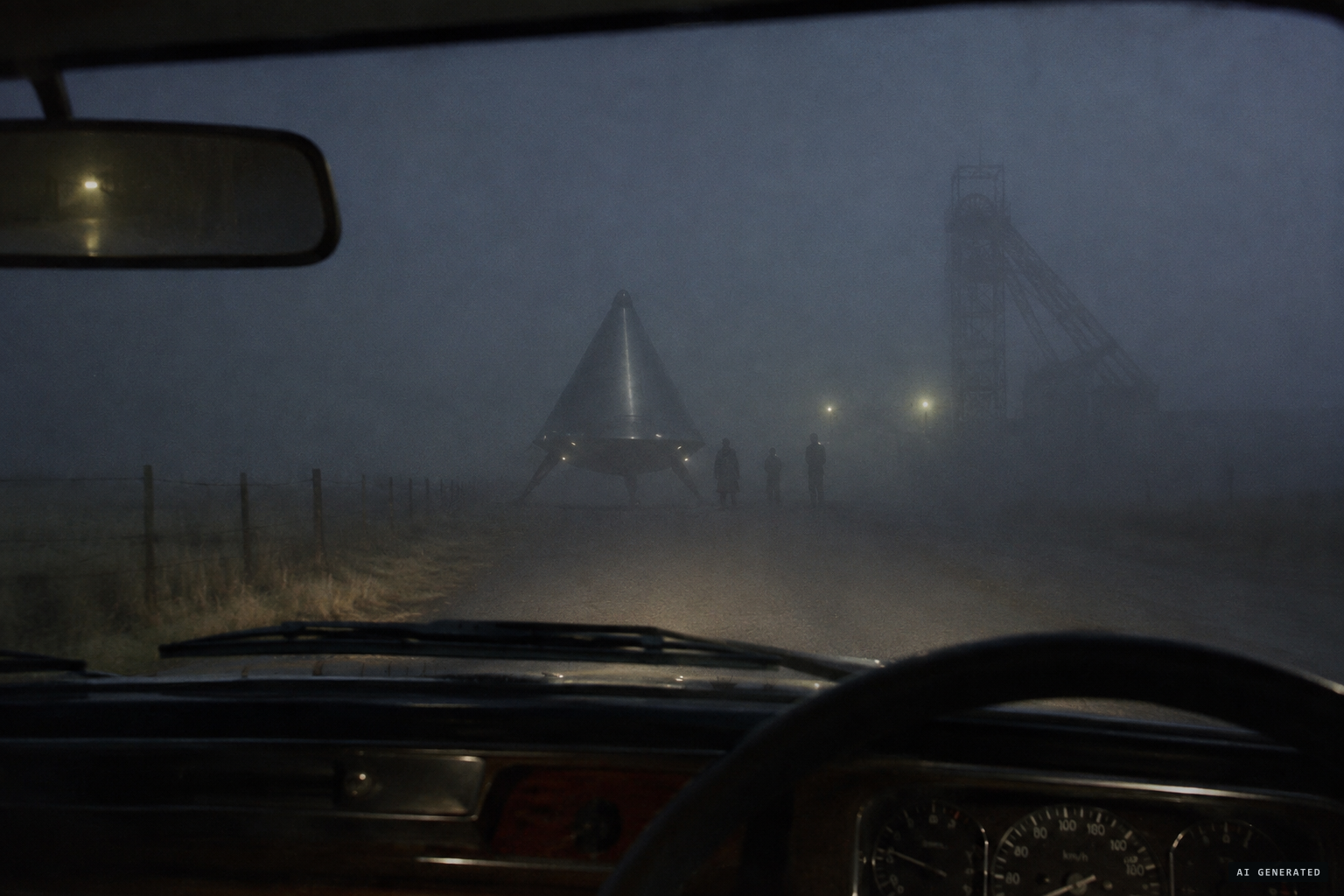 A couple driving in fog near a mine see a landed cone-shaped craft with humanoids