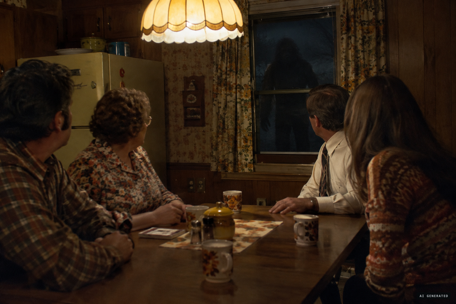 A figure appears at the kitchen window, a few yards from the table