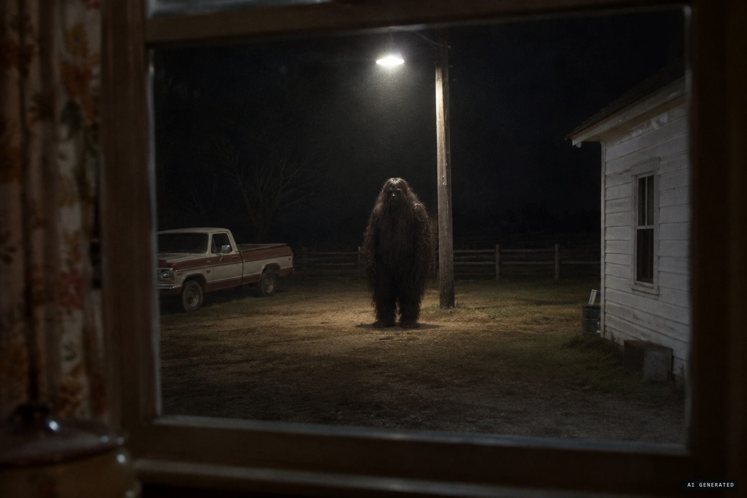 About seven feet tall, dark matted hair, no neck, short stubby legs, seen plain as day under the light