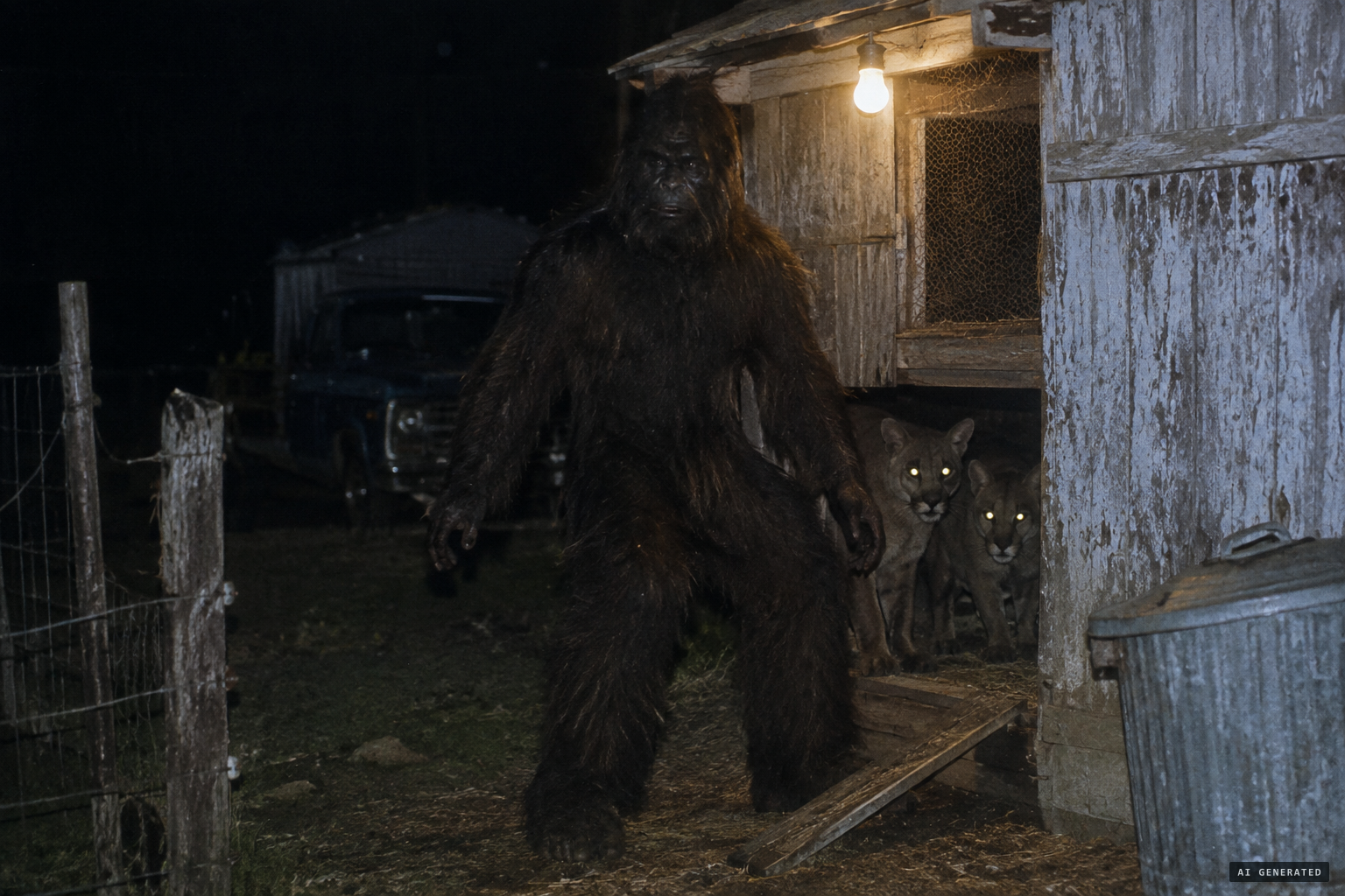 Two cougar-type cats by the old chicken coop, and the creature stepping in front of them
