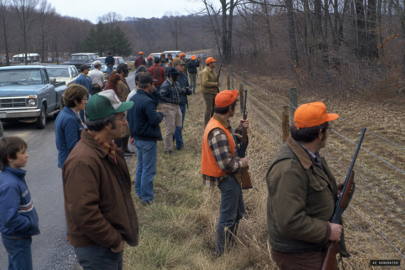 Hunters and onlookers crowd in, and the family puts up a fence