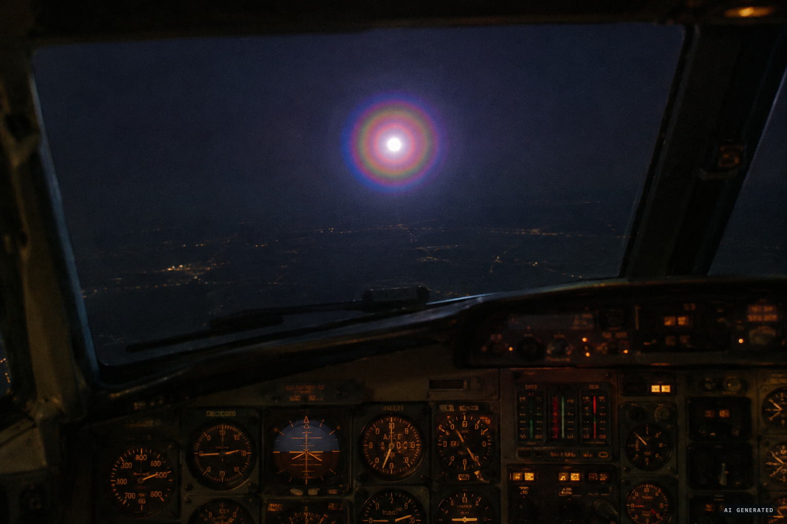 The light fixes on the aircraft: a white point ringed from red to violet