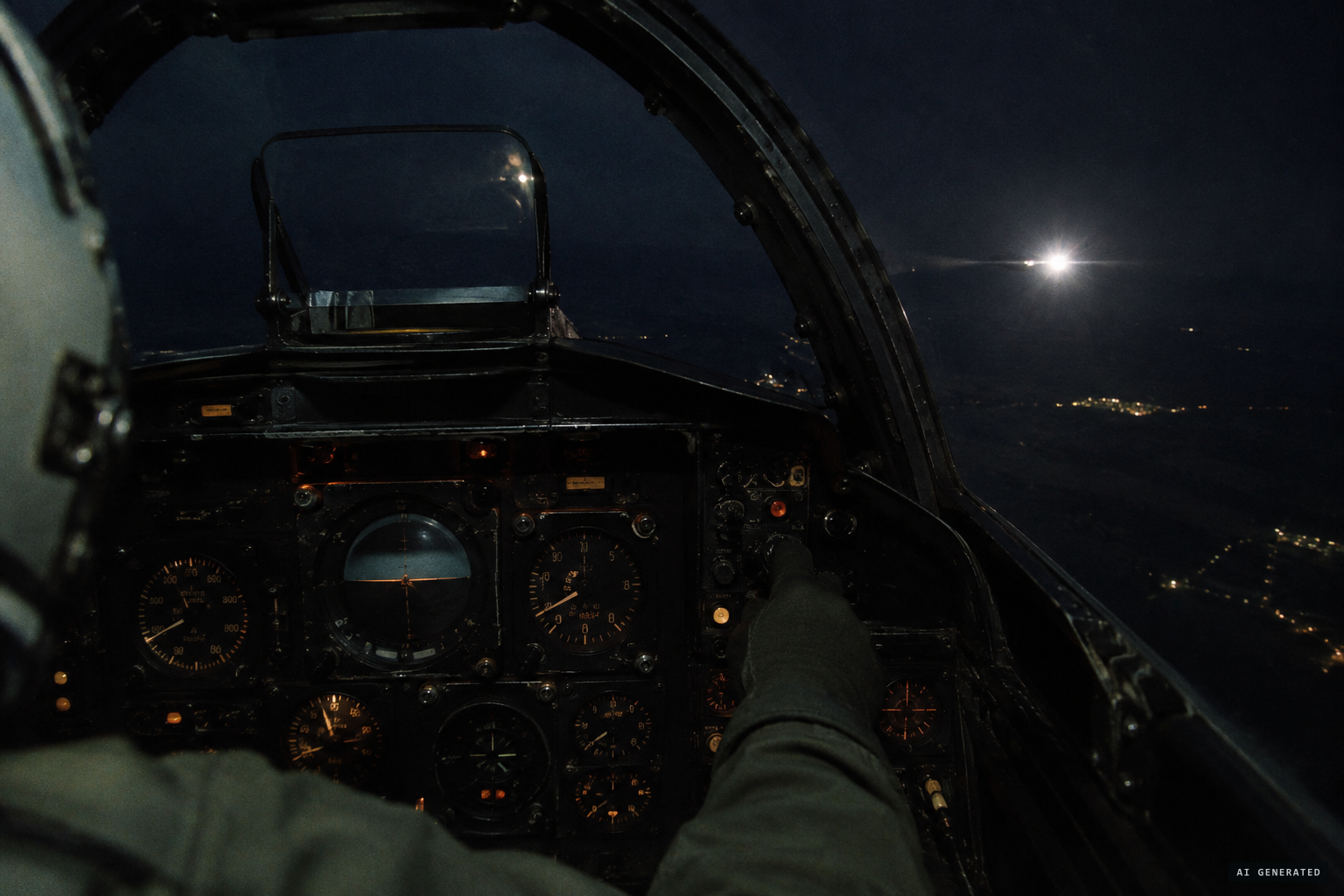 A gleaming light arrives level from the right, like a Mirage III headlight