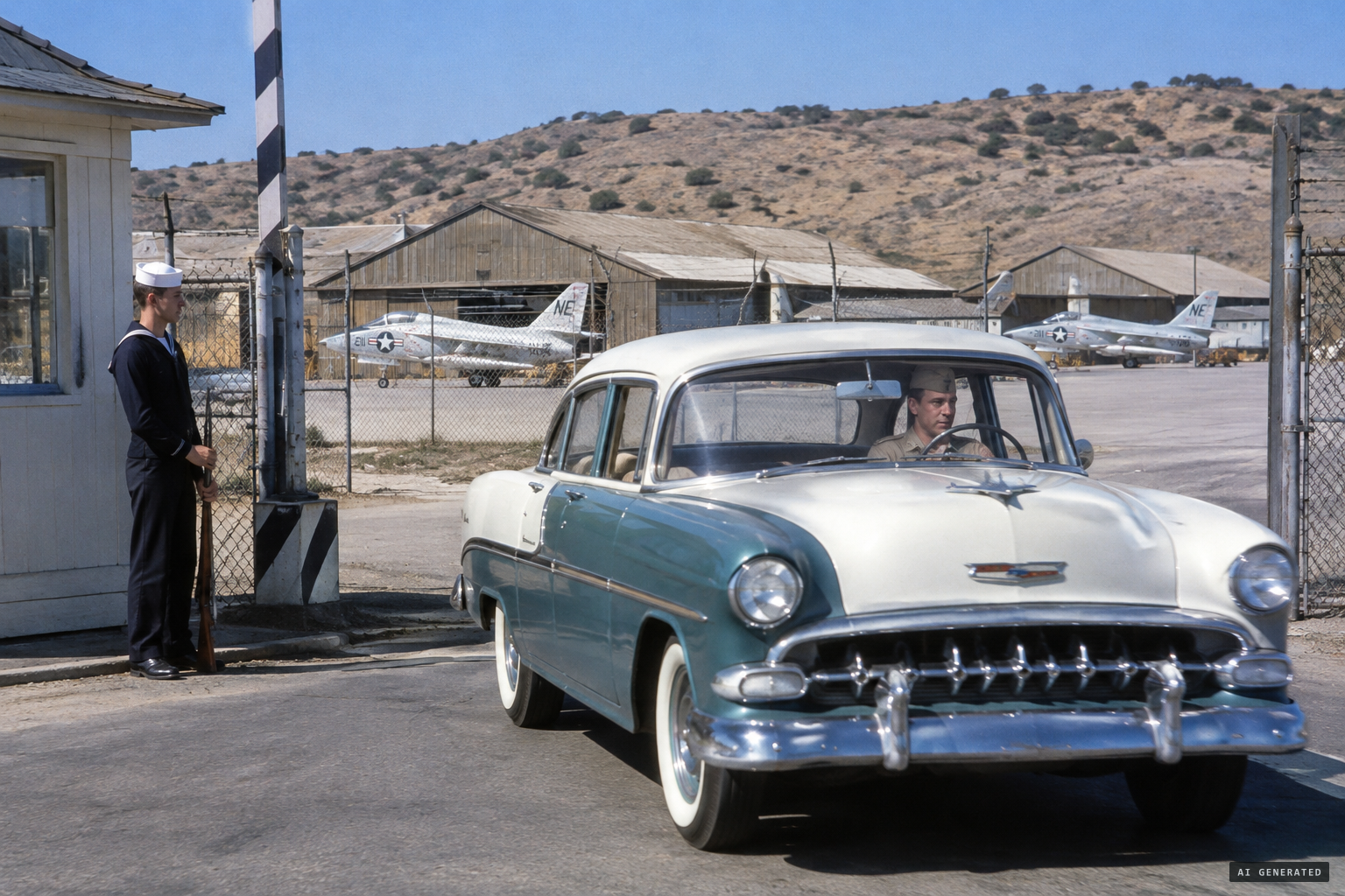 The commander leaves NAS Miramar through the east gate in his own car, bound for the Naval Hospital in Balboa Park.